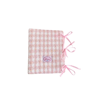 Pink and white plaid tweed A5 photo album featuring decorative ribbon bow ties