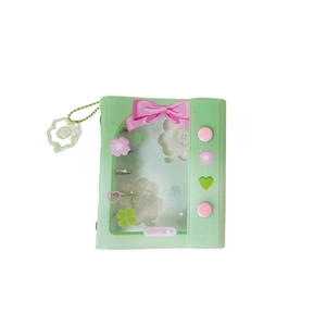 Green clover mini photocard album with pink bow design and acrylic clover charm pendant