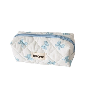 Quilted bow-knot large capacity pencil case and cosmetic bag in cream with blue patterns