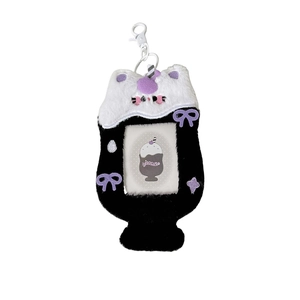 Porte-carte chat en peluche noir et blanc avec corne de licorne violette et crochet