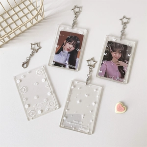 Clear Acrylic Card Holder Keychain Star Buckle Bow Knot Butterfly Floral Pattern Photo Protector ID Badge Cover Bag Charm