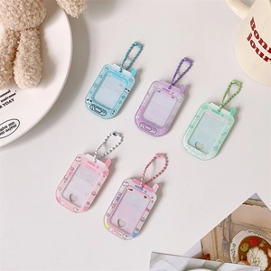 Detailed view of 5 colors cartoon phone-shaped acrylic photocard holders with bead chains