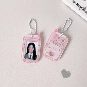 Pink cartoon phone-shaped acrylic keychain photo holder with cute heart cut-out and bead chain