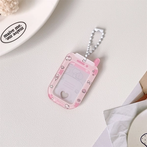 Pink acrylic mini phone-shaped card holder with cute icons and heart cutout