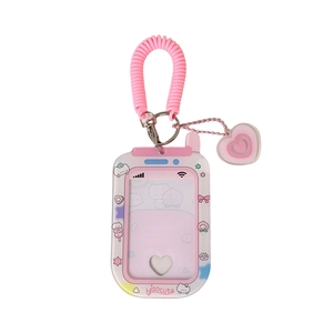 Pink phone-shaped 3-inch photo card holder with heart hollow and spring keychain