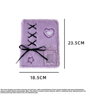 Detail view of purple plush A5 binder featuring black ribbon bows and heart-shaped window