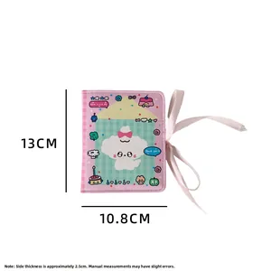 Pink cartoon pocket notebook with ribbon bow showing 13cm height and 10.8cm width details