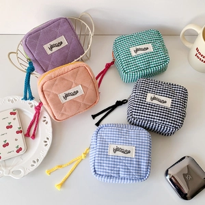 Quilted Checkered Small Square Storage Bag Portable Cotton Cosmetic Pouch With Zipper For Lipstick Earphone Women Girl