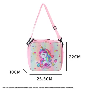 Spécifications de taille détaillées du sac à lunch licorne rose avec bandoulière