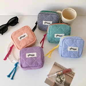 Quilted checkerboard square cosmetic bags in five colors with soft cotton rope zipper