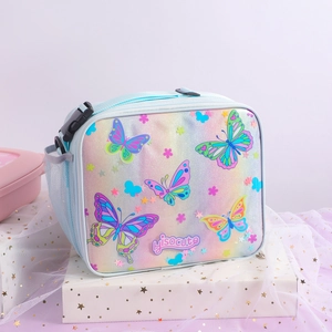 Détail du sac à lunch licorne pailleté avec bandoulière réglable et poche filet latérale