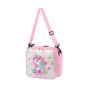 Détail du sac à lunch licorne rose avec dégradé arc-en-ciel et paillettes brillantes