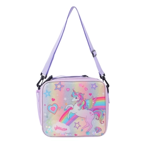 Détail du sac à lunch licorne avec paillettes arc-en-ciel et bandoulière réglable