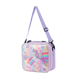 Détail du sac à lunch licorne pailleté avec bandoulière réglable et motifs arc-en-ciel