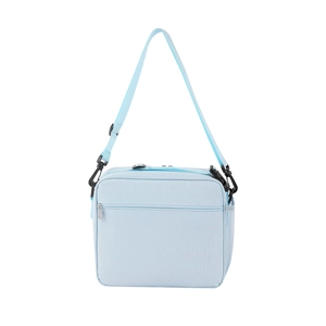 Détail de la bandoulière ajustable et de la poche filet sur le sac à lunch bleu