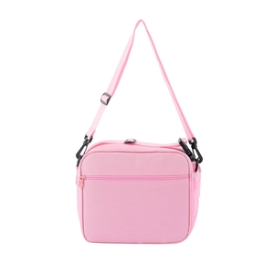Sac à lunch licorne rose montrant la bandoulière réglable et la poche filet latérale