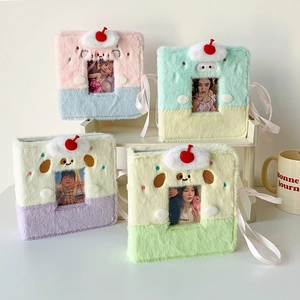 Cute A7 plush photo album with heart hollow window and cherry decor in four pastel colors