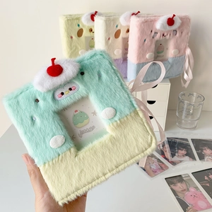Plush animal-themed A7 photo album with pastel ribbons and cute cherry details