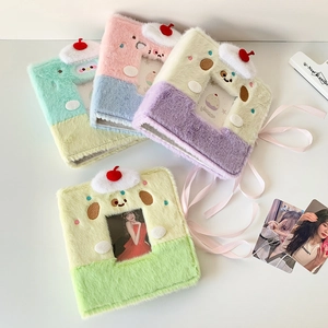 Cute plush cartoon animal photocard holder with cherry cream decor and ribbon