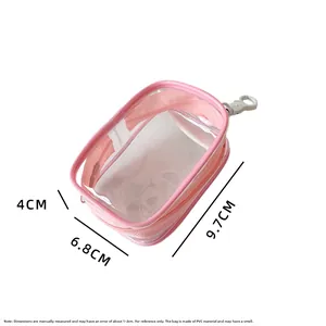 Pink clear PVC mini display pouch for dolls and earphones with white hook, size 9.7x6.8x4cm