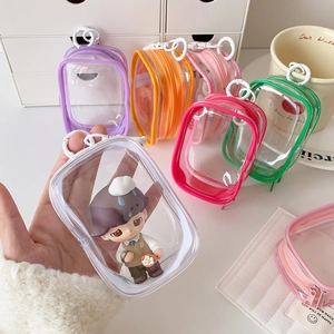 Clear PVC mini doll display bag with zipper and hook in vibrant macaron colors