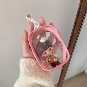 Pink transparent PVC display case for anime figures with white hanging hook and zip