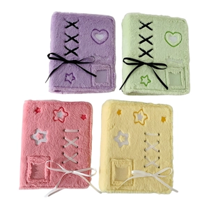 Plush A5 binder photocard albums with ribbon bows in purple, green, pink and yellow