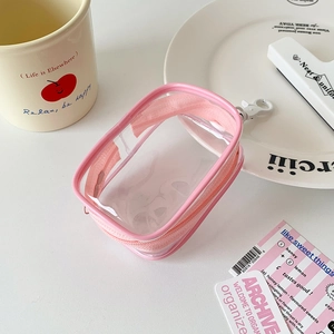 Detailed view of pink PVC transparent coin purse with clip and desk accessories