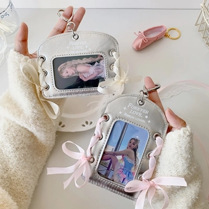 Silver metallic ballet-style 3-inch photo card holder with ribbon bow and keychain