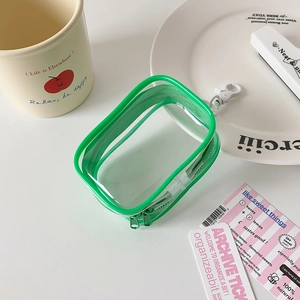 Close-up of green transparent PVC organizer bag with matching zipper and white carabiner