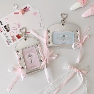 Silver PU card holder with pink ribbon weave detail and heart-shaped metal clip