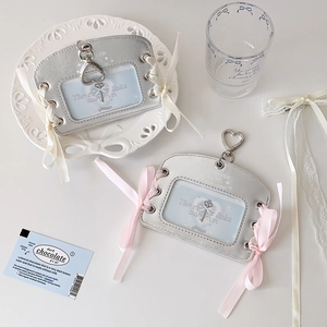 Silver ballet-style PU leather photo card holder with ribbon bows and heart keychain hook