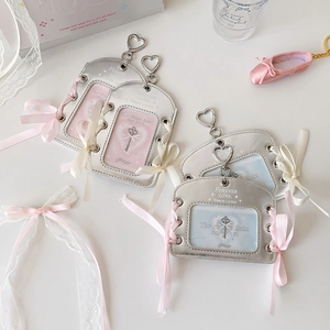 Silver Balletcore photo card holder with crisscross ribbon and heart metal clasp charm