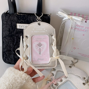 Silver ballet core PU leather photo card holder with elegant cream ribbon bows and metal hook