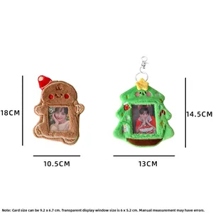 Detail view of plush gingerbread man and Christmas tree card holders with dimensions