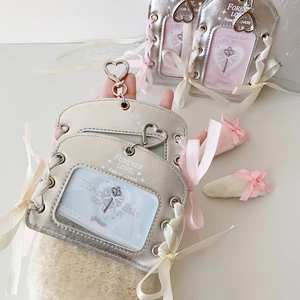Detail of silver card holder with ribbon bow, heart buckle and Forever Love card