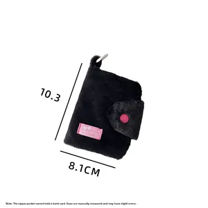 Detailed size view of black plush coin purse with pink snap button and dimensions