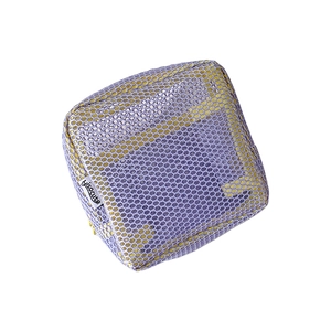 Lightweight purple mesh makeup bag with yellow zipper for travel cosmetic storage
