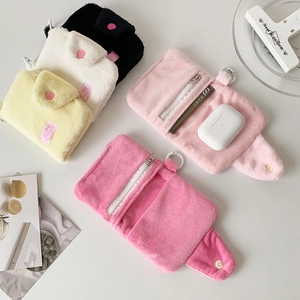 Winter plush candy color coin purse with card holder and key ring in five pastel shades
