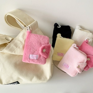 Plush candy-colored mini coin purse and card holder with hanging hook for bags