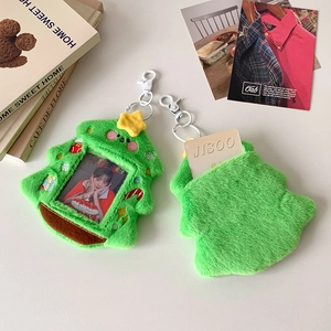 Detail of Christmas tree plush card holder with colorful embroidery and metal carabiner