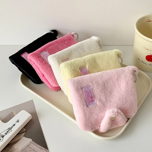 Plush cartoon coin purses in five candy colors with fuzzy texture and hanging hooks