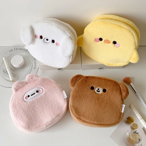 Cute cartoon animal plush storage pouches in four colors with soft faux fur texture