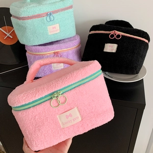 Large plush candy color makeup bag set with top handles and Lucky gate leather label