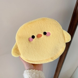 Plush yellow chick cosmetic bag with soft texture and cute embroidered animal facial features