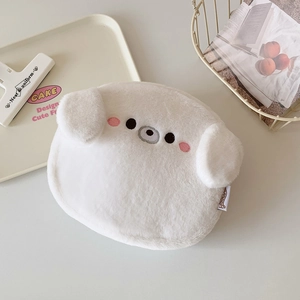 Close-up of white plush animal pouch featuring detailed embroidery and soft 3D ears