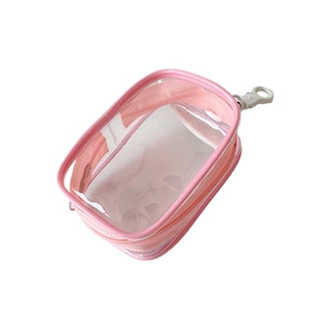 Vertical clear PVC storage bag with pink trim and white clip for dolls or earphones