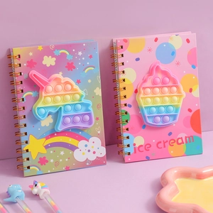 Detail of unicorn and ice cream themed spiral notebooks with silicone pop fidget covers