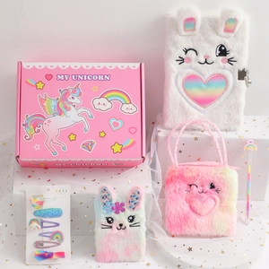 Unicorn stationery gift set with plush rabbit notebook and fuzzy purple handbag for girls