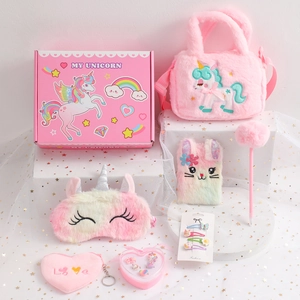 Unicorn themed plush notebook and stationery gift set for girls with fluffy handbag